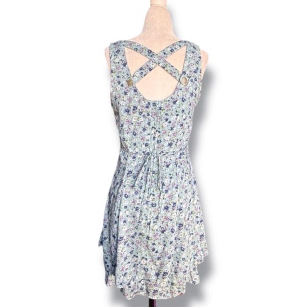 Vintage All That Jazz Baby Blue Floral Sleeveless Open Cross Back Mini Dress - Picture 2 of 9